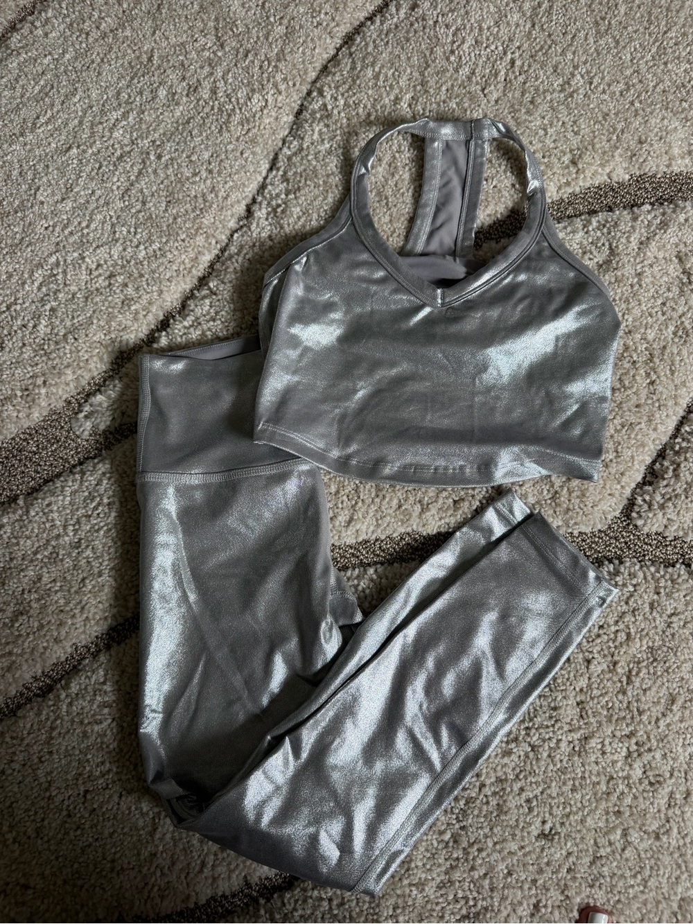 Beyond Yoga Silver Metallic Active Set - Crop Sports Bra & Leggings